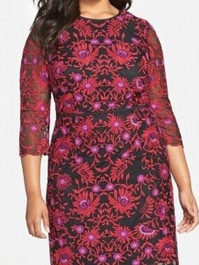 Adrianna Papell Black Midi Dress with Red & Purple Floral Embroidery